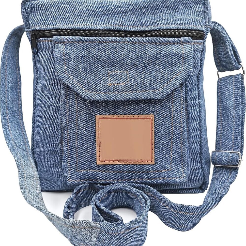 Upcycling Blue Denim Jeans Messenger Cross Body Shoulder Handbag Purse for Unise